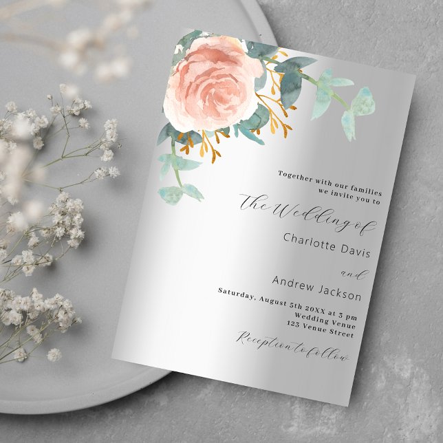 Invitation Mariage fleuri or rose en argent  (Créateur téléchargé)
