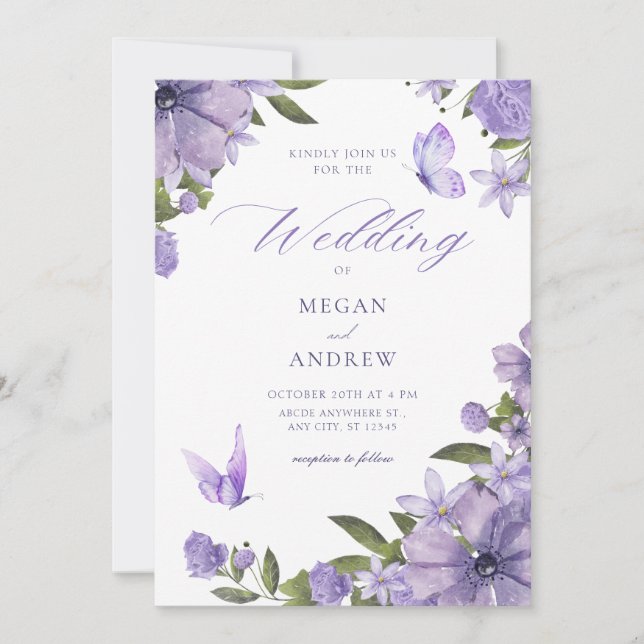 Invitation Mariage fleuri pourpre (Devant)
