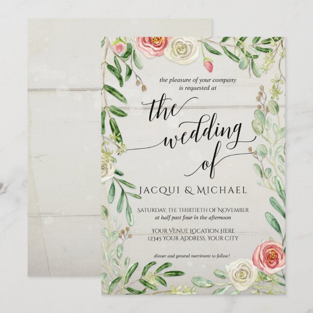 Invitation Mariage fleuri Rustique en bois et Roses ivoire (Devant / Derrière)