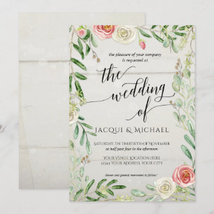 Invitation Mariage fleuri Rustique en bois et Roses ivoire