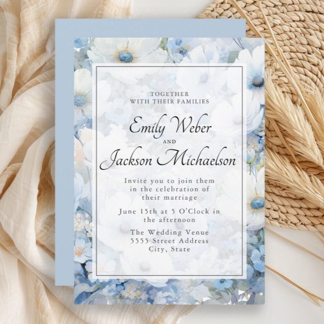 Invitation Mariage Fleurie Aquarelle Bleu Poussiéreux Blanc (Elegant dusty blue and white watercolor floral wedding invitation)