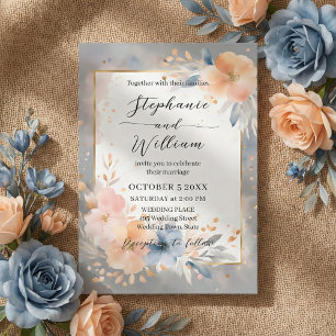 Invitation Mariage Fleurie Aquarelle Bleu Poussiéreux et Pêch