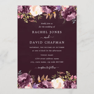 Invitation Mariage Fleurie Aquarelle Pourpre Bourgogne