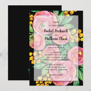 Invitation Mariage Fleurie Aquarelle Rose sur Fond Noir
