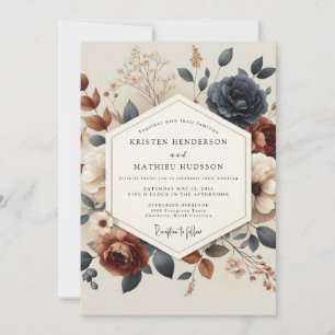 Invitation Mariage Fleurie Automnale Terracotta Navy