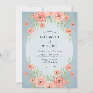 Invitation Mariage Fleurie Bleu Acier Corail