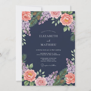 Invitation Mariage Fleurie Bleu Marine et Rose