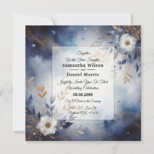 Invitation Mariage Fleurie Bleu Nuit et Or