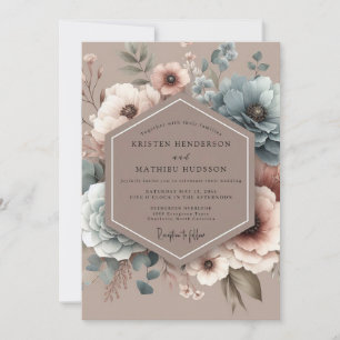 Invitation Mariage Fleurie Bleu Poussiéreux