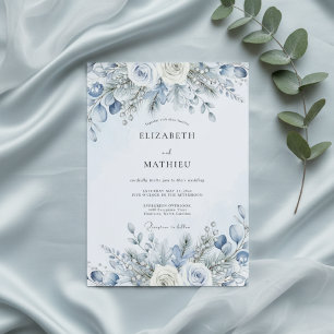Invitation Mariage Fleurie Bleu Poussiéreux d'Hiver