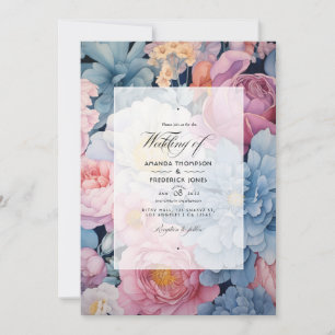Invitation Mariage Fleurie Bleu Poussiéreux et Rose