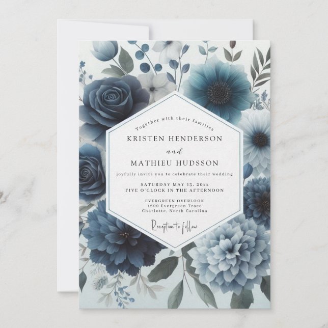 Invitation Mariage Fleurie Bleu Poussiéreux Humeur (Devant)