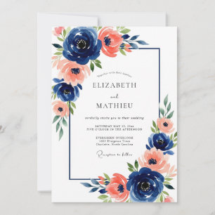 Invitation Mariage Fleurie Corail Navy