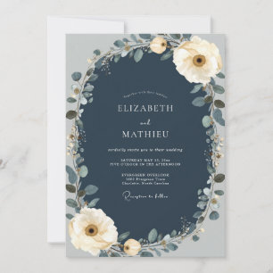 Invitation Mariage Fleurie d'Automne en Bleu Marine