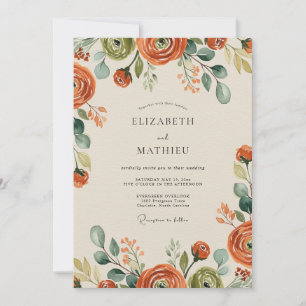 Invitation Mariage Fleurie d'Automne Orange Brûlé
