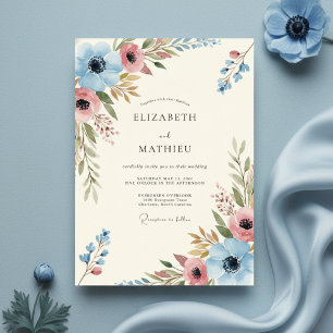 Invitation Mariage Fleurie de Corail Bleu dans un Style Pictu