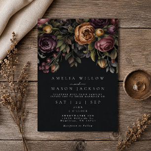 Invitation Mariage Fleurie Élégant Sombre Noir