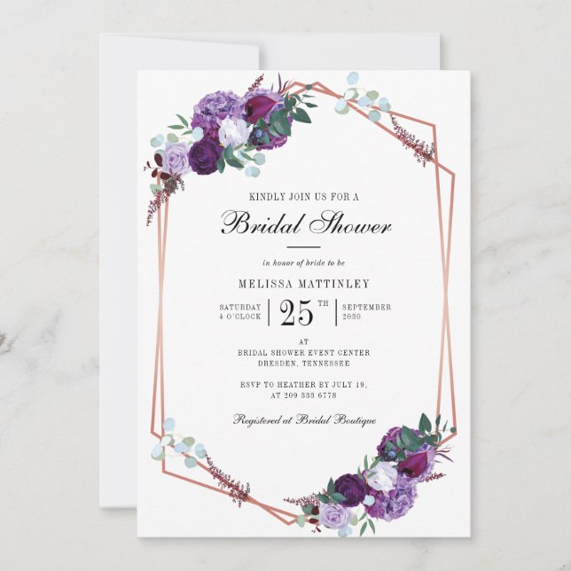 Invitation Mariage Fleurie Géométrique Script Violet (Devant)