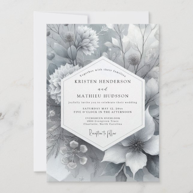 Invitation Mariage Fleurie Gris Pâle (Devant)