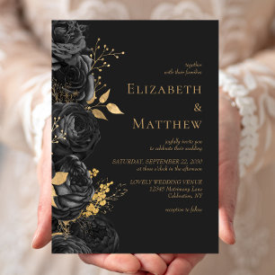 Invitation Mariage Fleurie Noir Romantique Or Foncé