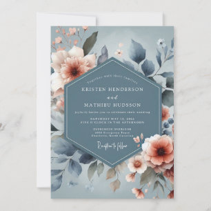 Invitation Mariage Fleurie Painterly Bleu Poussiéreux