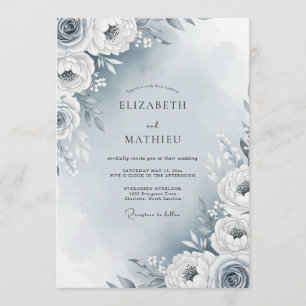 Invitation Mariage Fleurie Painterre Bleu Poussiéreux