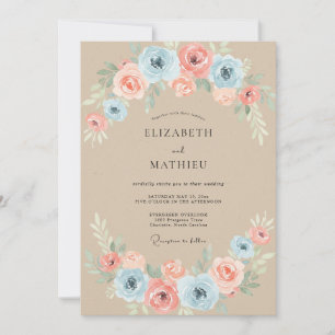 Invitation Mariage Fleurie Peinte Azur et Pêche