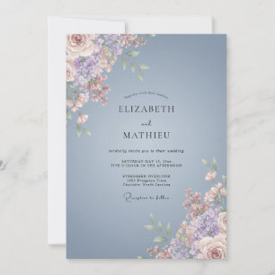 Invitation Mariage Fleurie Peinte en Bleu Ardoise