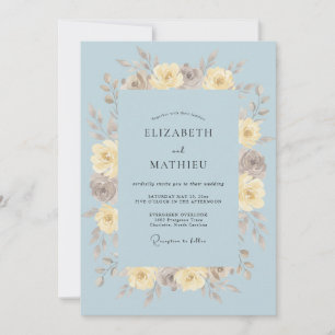 Invitation Mariage Fleurie Peinte en Bleu Poussiéreux