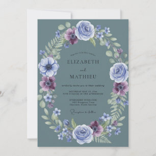 Invitation Mariage Fleurie Peinte en Pervenche d'Acier