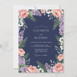 Invitation Mariage Fleurie Rose Nacré Navy