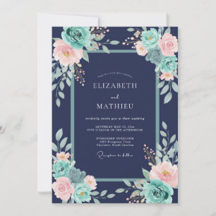 Invitation Mariage Fleurie Splendide Bleu Marine