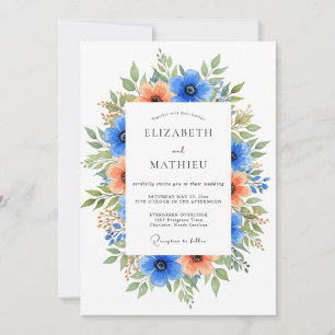 Invitation Mariage Fleurie Vibrante Bleu Orange