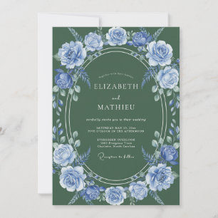 Invitation Mariage Fleuris Bleu Ardoise Laurier