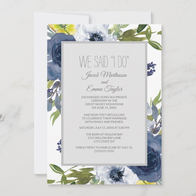 Invitation Mariage Fleuris Bleu Nuit Blanc Jaune Fuite (Devant)