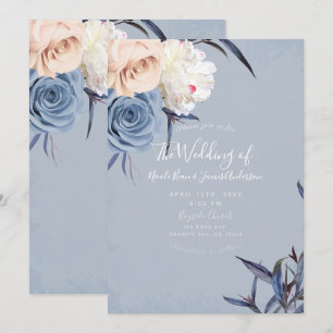Invitation Mariage Fleuris Bleu Poussiéreux Gris & Pêche