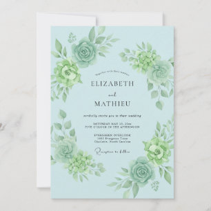 Invitation Mariage Fleuris Botaniques Bleu Ciel