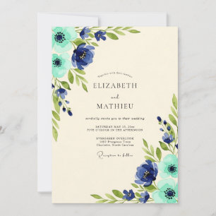 Invitation Mariage Fleuris Nature Navy Azur