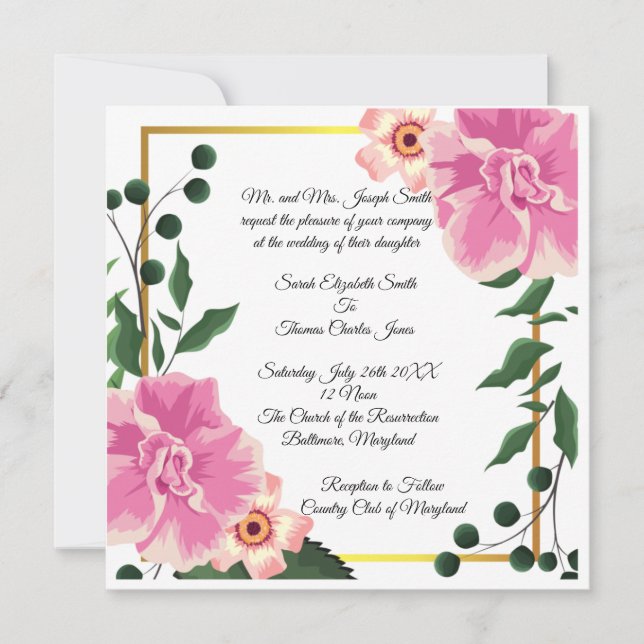Invitation Mariage Fleuris Rose et Vert Formulation Formel (Devant)