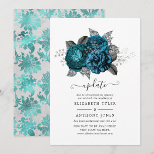Invitation Mariage Fleuris Turquoise, Noir et Argent Mise à J