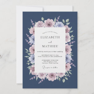 Invitation Mariage Fleurissant à la Rose Navy