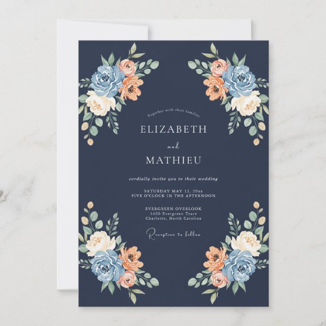 Invitation Mariage Fleurissant Pêche de la Marine (Devant)