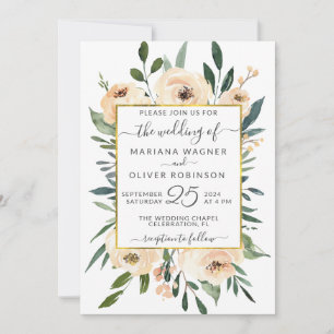 Invitation Mariage Fleurs Beige Roses Blush Or sur Fond Blanc