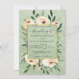 Invitation Mariage Fleurs Beige Roses Blush Or Vert Sauge