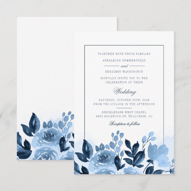 Invitation Mariage Fleurs Bleues Aquarelle Moderne (Devant / Derrière)