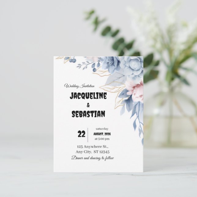 Invitation Mariage Fleurs Bleues Personnalisable (Debout devant)
