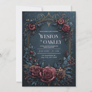 Invitation Mariage Fleurs Bordeaux et Marine Or Antique