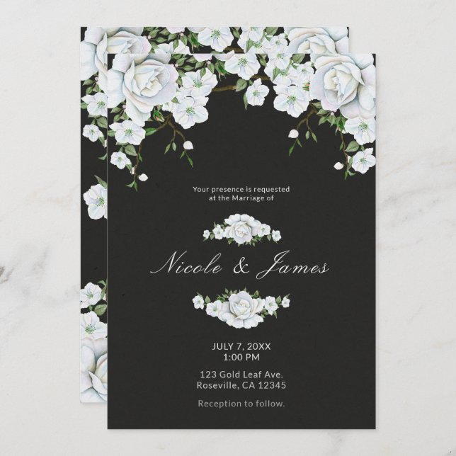 Invitation Mariage Fleurs & Charbon de Bois Gris Roses Blanch (Devant / Derrière)