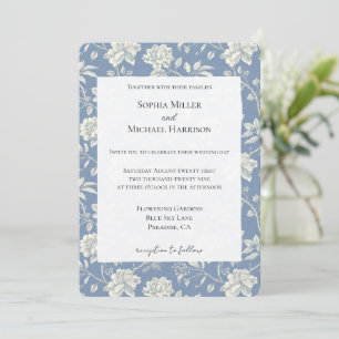 Invitation Mariage Fleurs Crème Bleu Romantique Joli