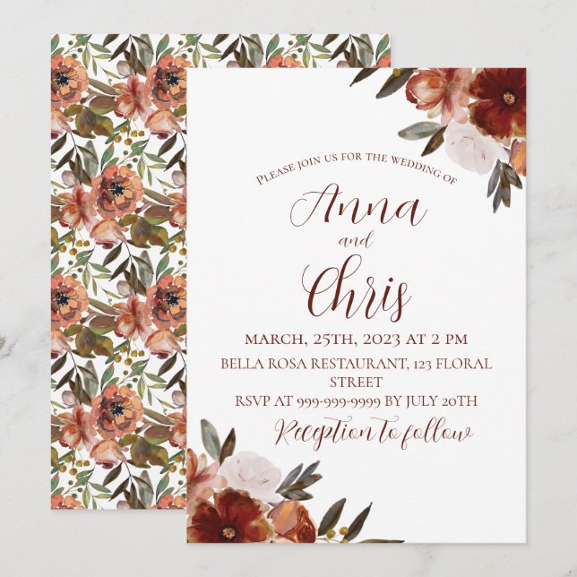 INVITATION MARIAGE FLEURS D'AUTOMNE À L'AQUARELLE  (Devant / Derrière)